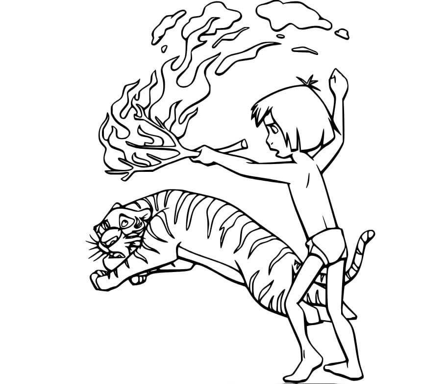 Coloriage Mowgli a chassé le tigre avec le feu