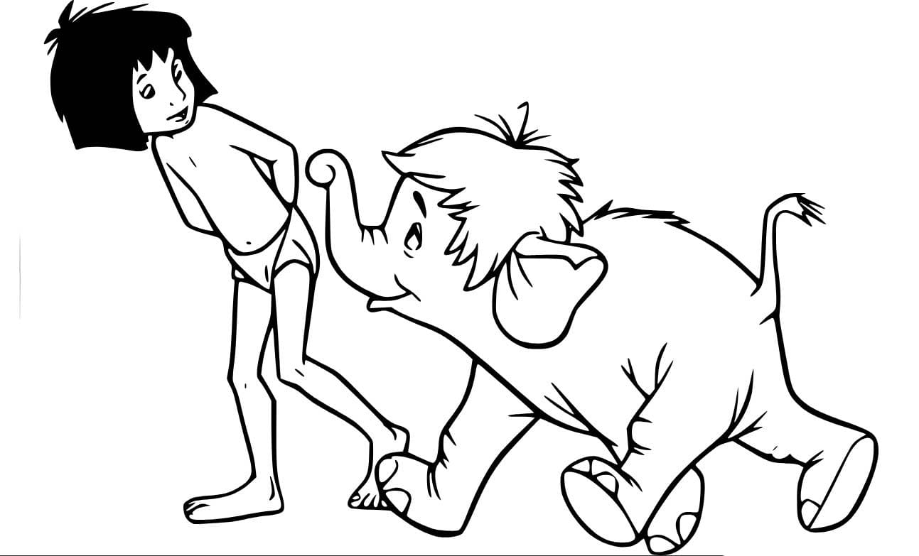 Coloriage Mowgli et Hathi Jr marchent ensemble