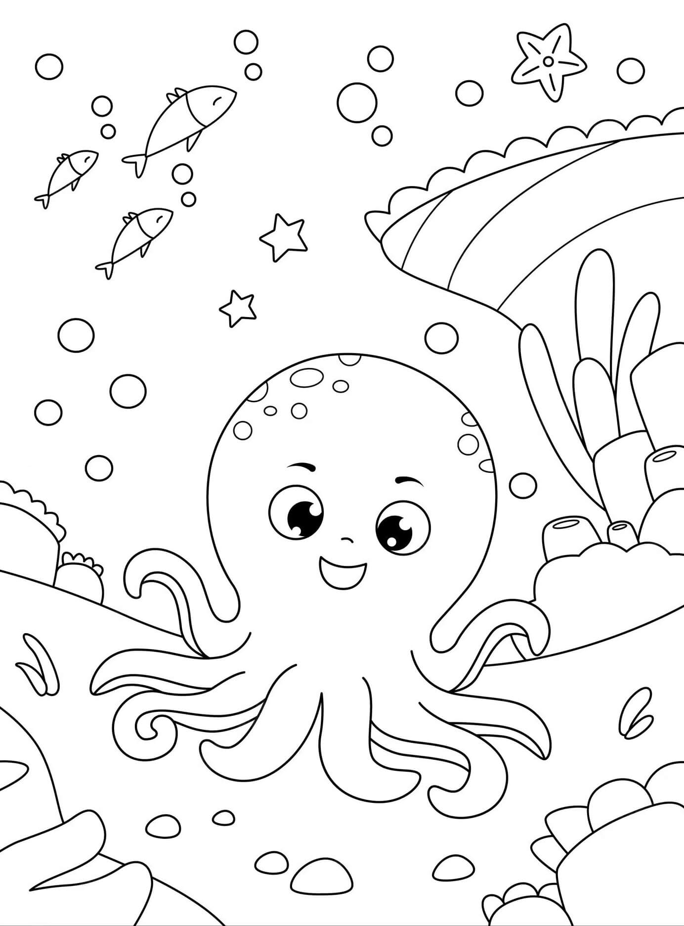 Coloriage Pieuvre amusant dans la mer