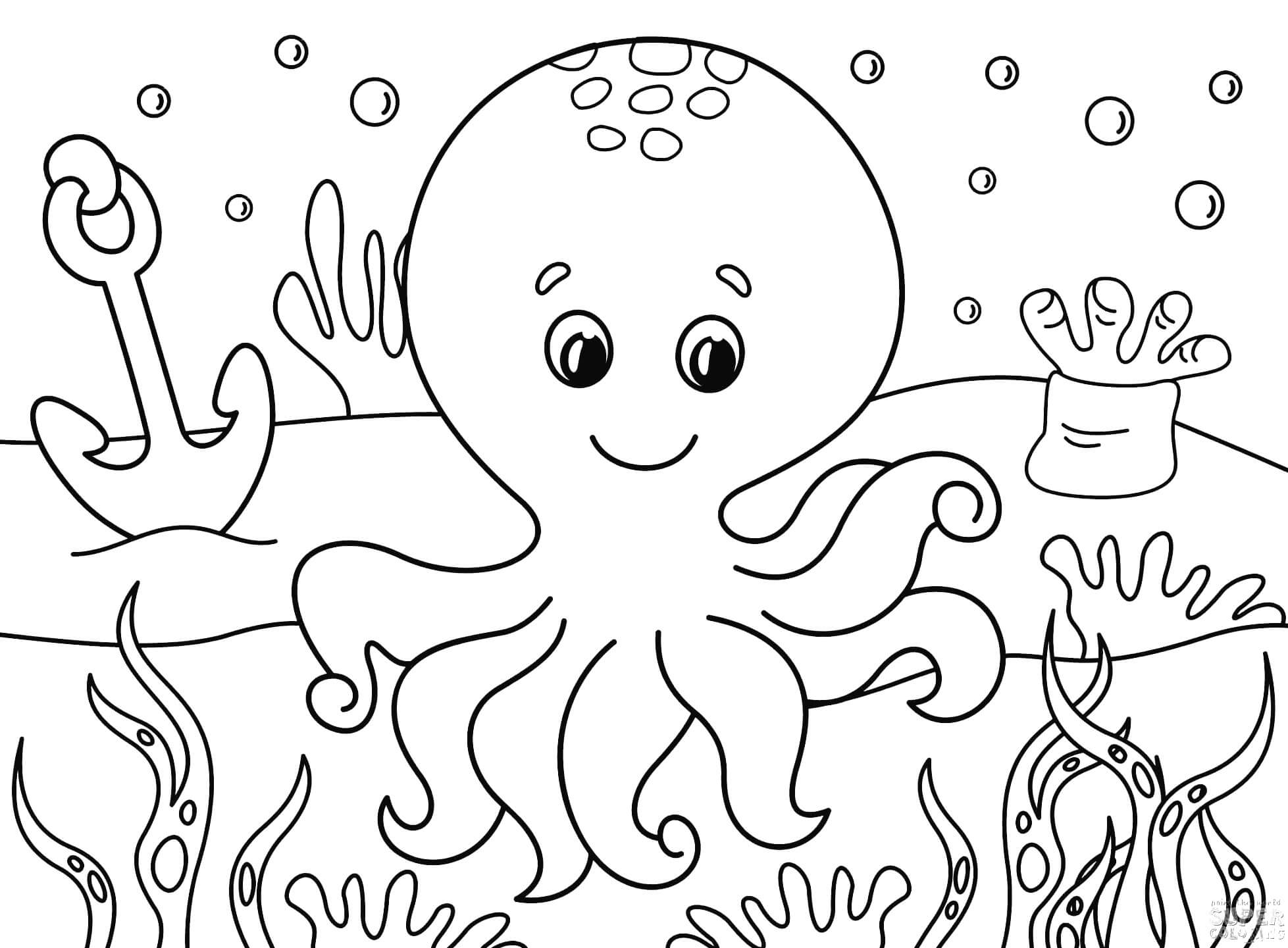 Coloriage Pieuvre mignonne dans la mer