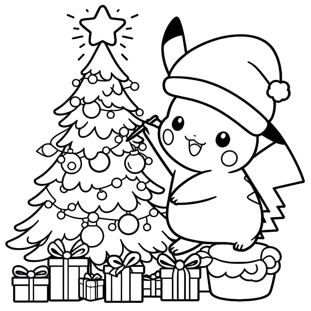 Coloriage Pikachu Noël décorer le pin