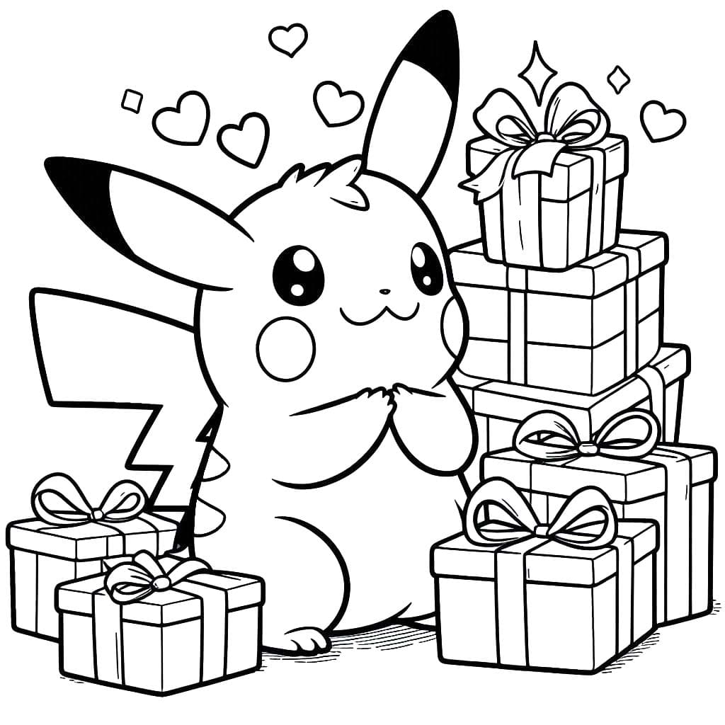 Coloriage Pikachu Noël et boîte