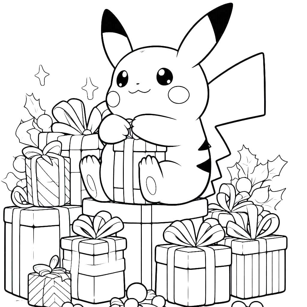 Coloriage Pikachu Noël et boîte gratuite