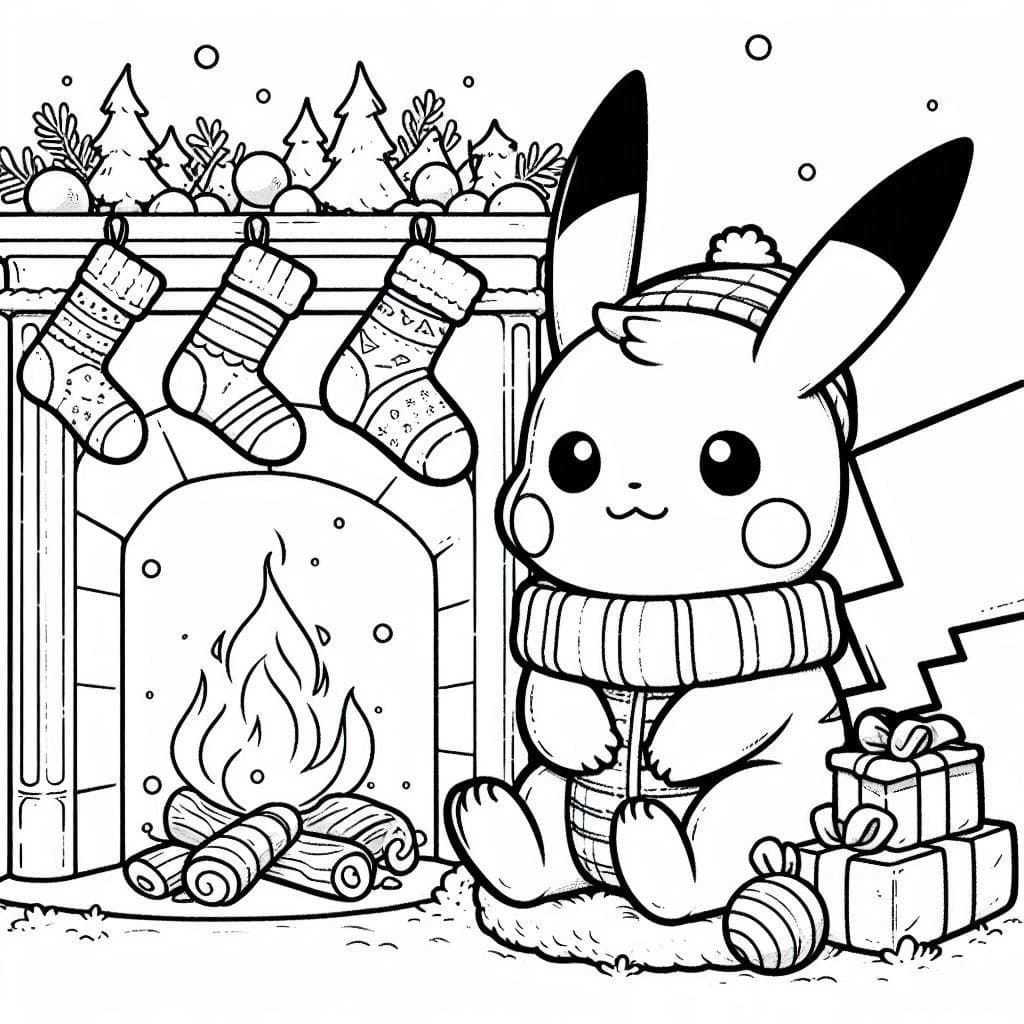 Coloriage Pikachu Noël et cheminée