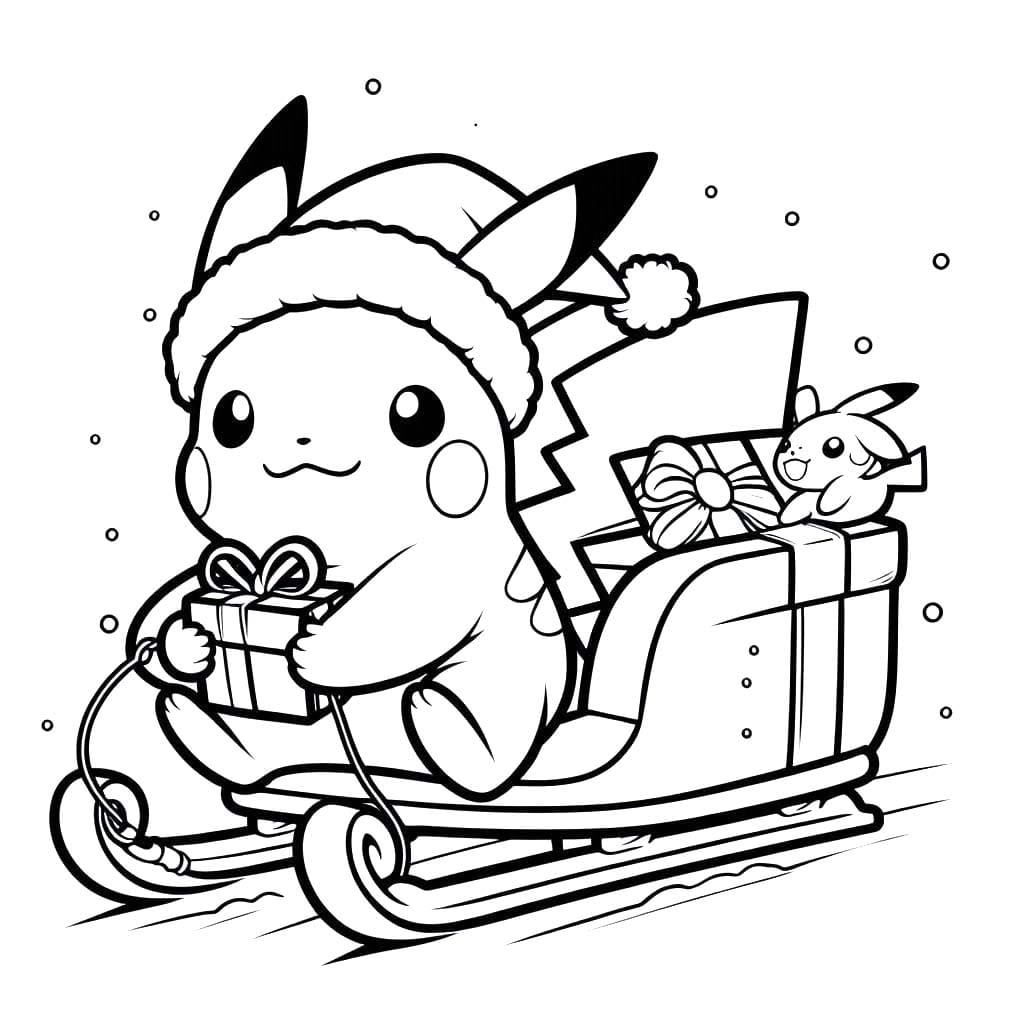 Coloriage Pikachu Noël et motoneiges