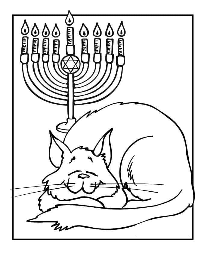 Coloriage Chat et Menorah de Hanoucca