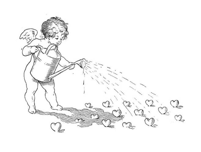 Coloriage Dessine Cupidon Arrosant les Coeurs