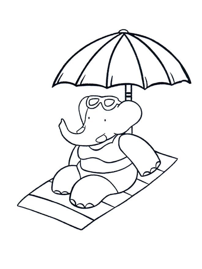 Coloriage Dessiner Babar est sous le parapluie