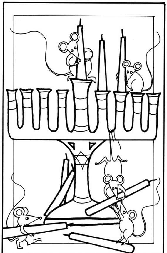 Coloriage Souris et Menorah de Hanoucca