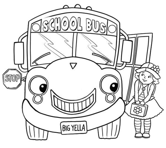 Coloriage Autobus scolaire de dessin animé et petite fille