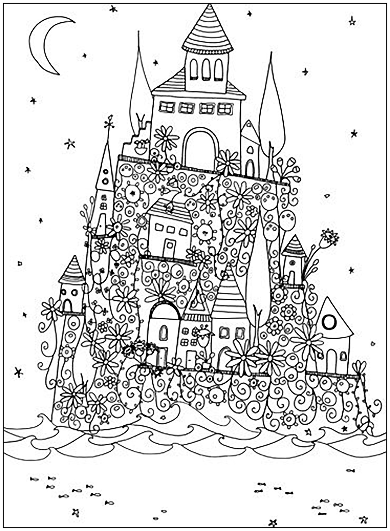 Coloriage Dessiner château fantastique dans des villages