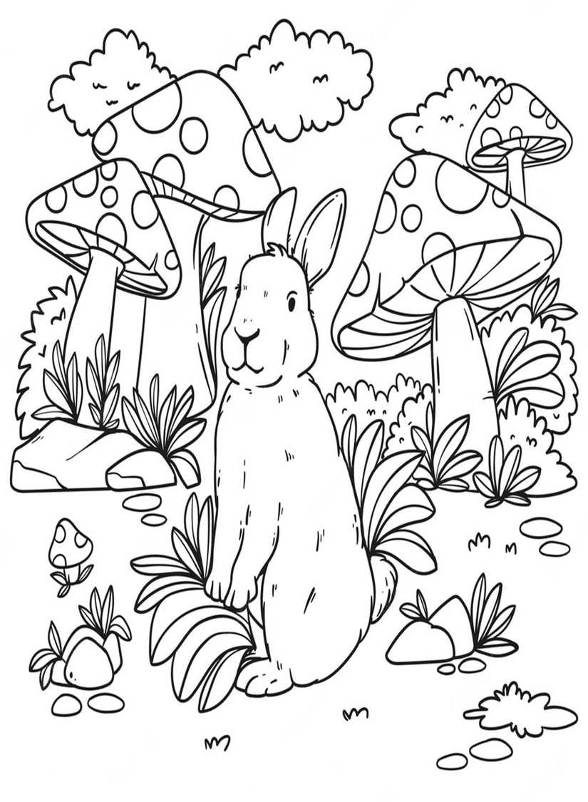 Coloriage Dessine lièvre et champignon