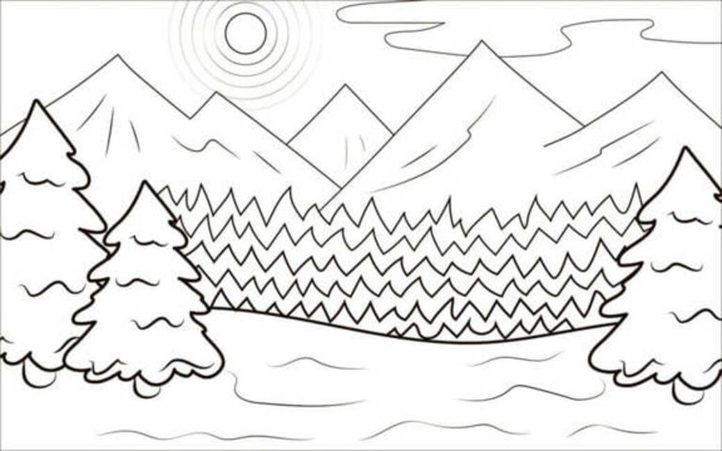 Coloriage Forêt dense et montagnes