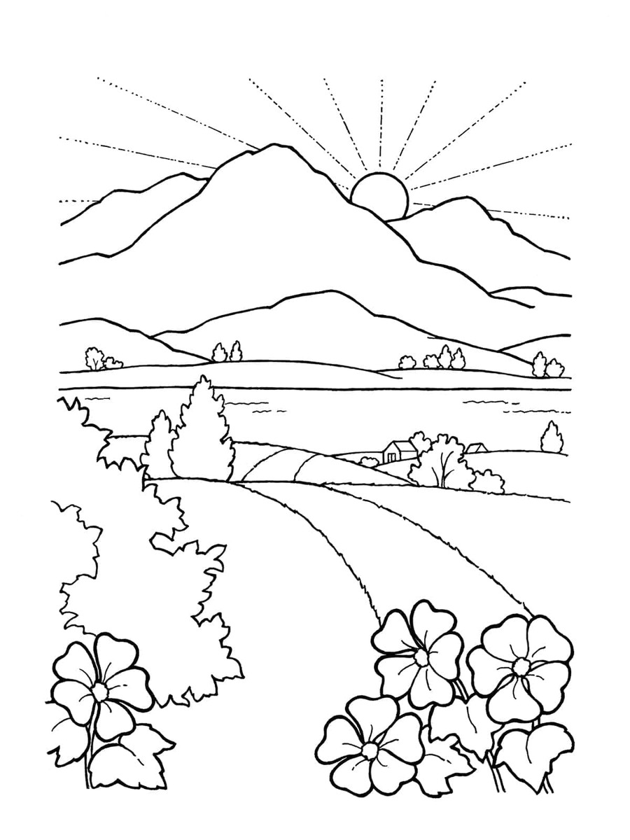 Coloriage Dessine la montagne et le soleil