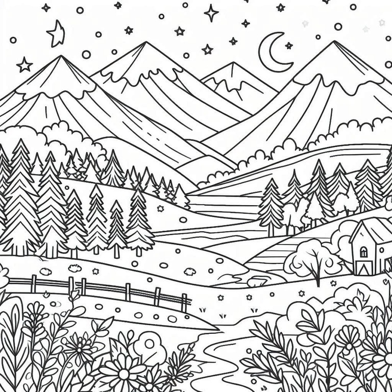 Coloriage Dessiner beau paysage de montagne
