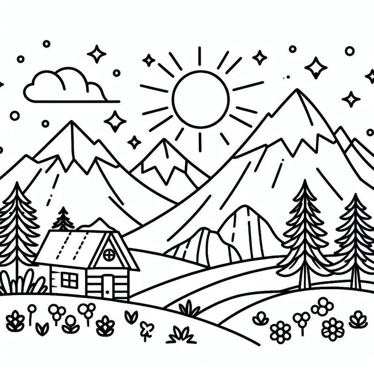 Coloriage Dessiner maison et montagne