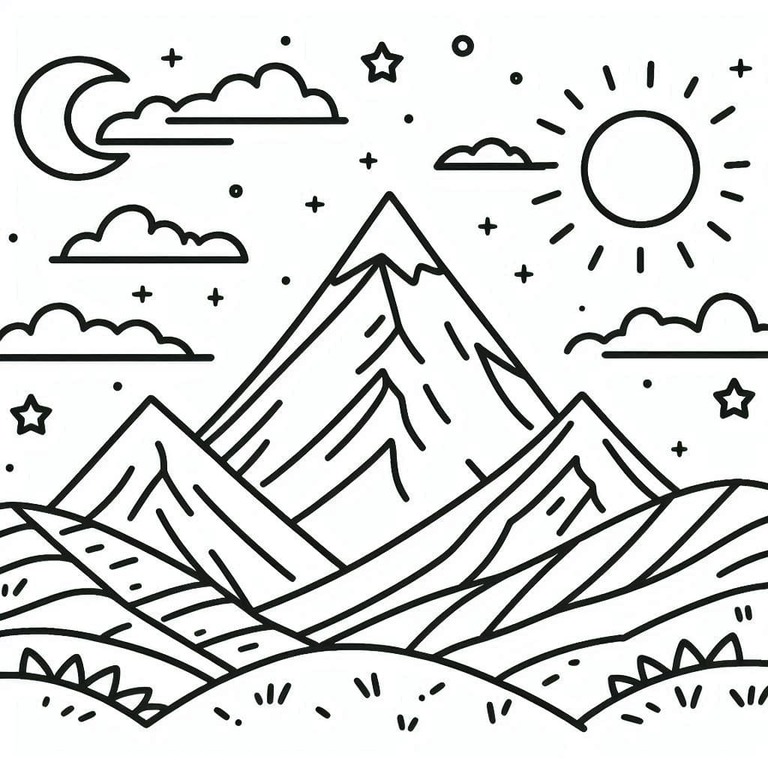 Coloriage Dessiner montagne avec le soleil et la lune