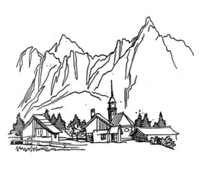 Coloriage Dessiner montagne et village