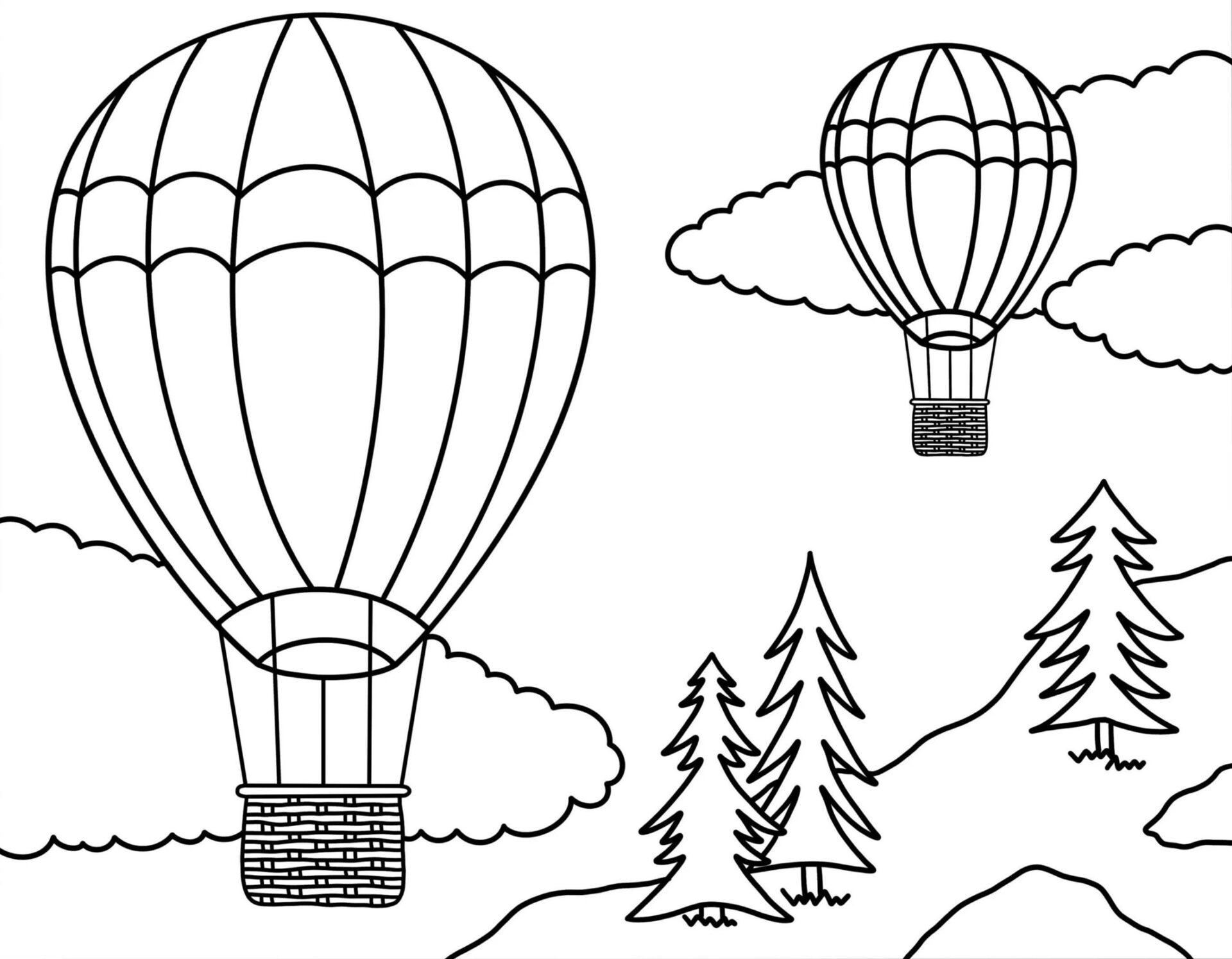 Bojanke Dva balon na vrući zrak s oblacima i drvećem