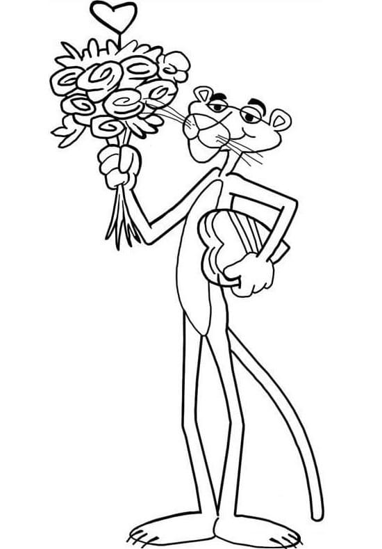 Bojanke Nacrtajte Pink Panther drži buket cvijeća