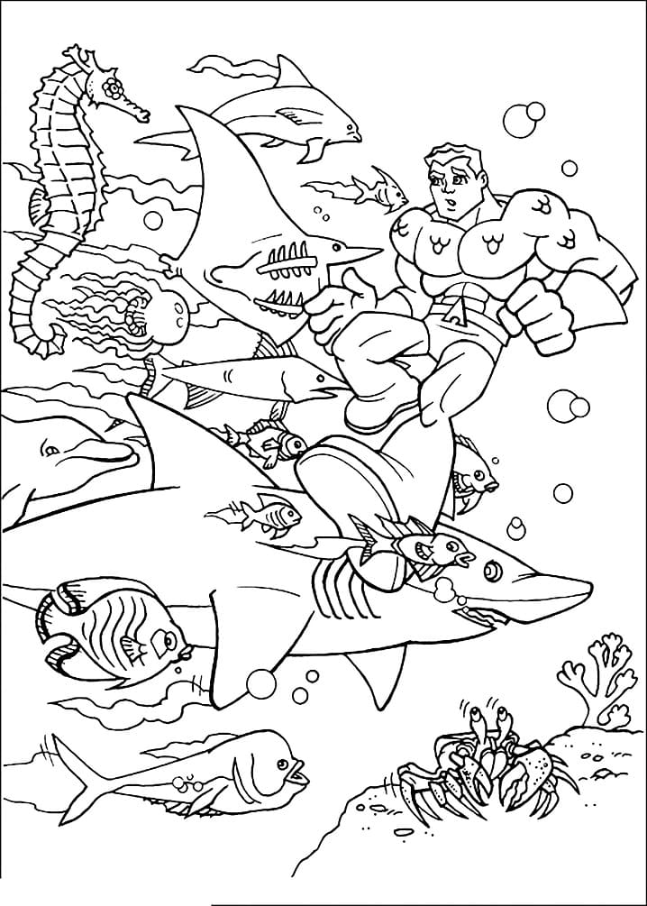Aquaman con i pesci da colorare