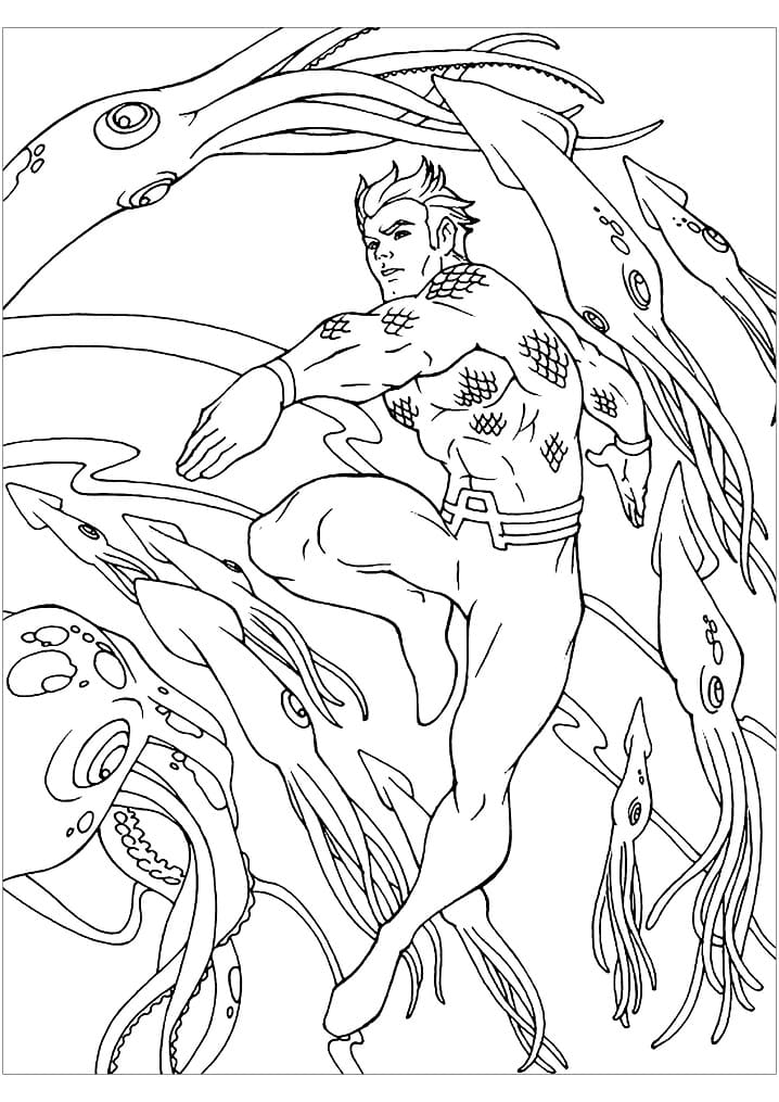 Aquaman e calamari da colorare