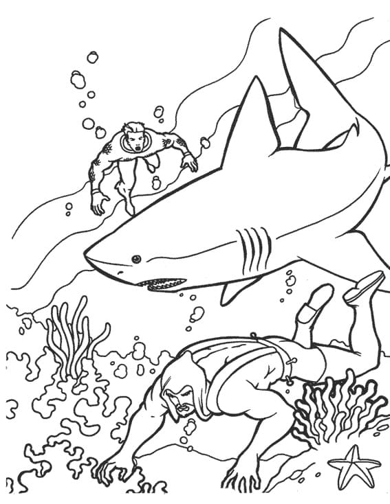 Aquaman e lo squalo da colorare