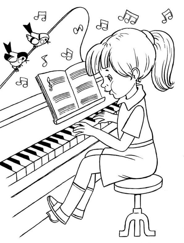 Bambina che Suona il Pianoforte e due Uccelli da colorare