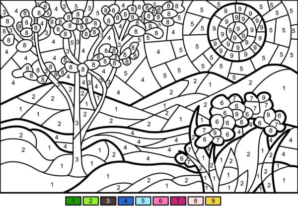 Campi, montagne e alberi da colorare