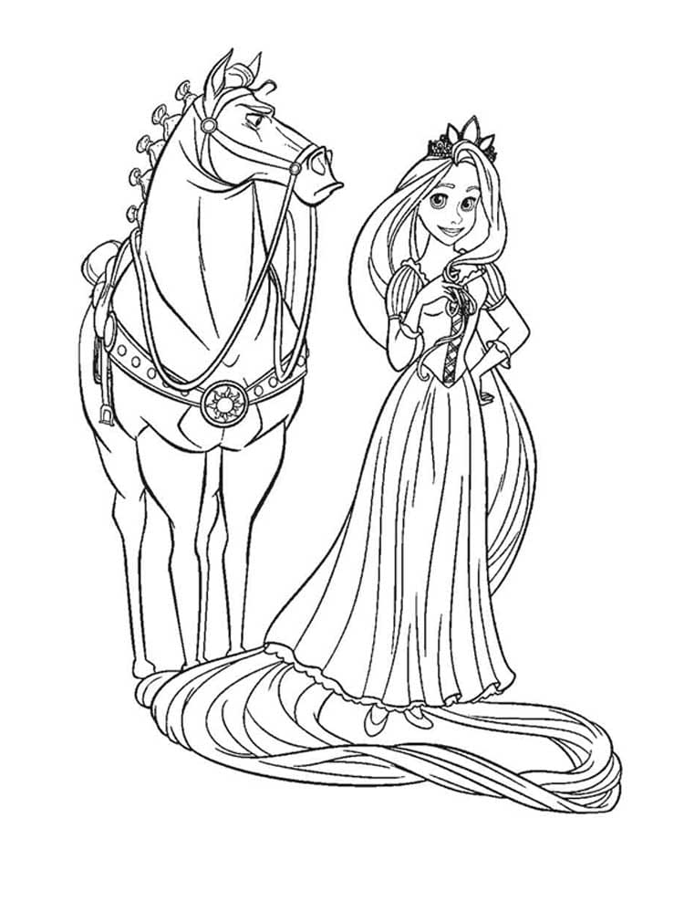 Cavallo e principessa Rapunzel da colorare