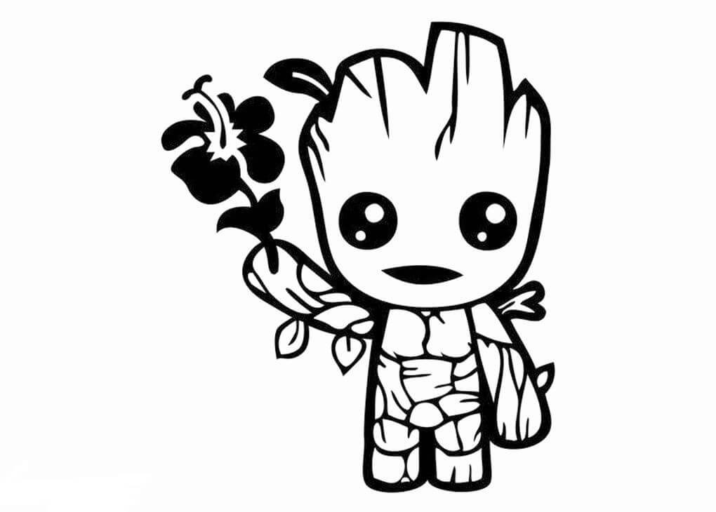 Chibi Groot con in Mano un Fiore da colorare