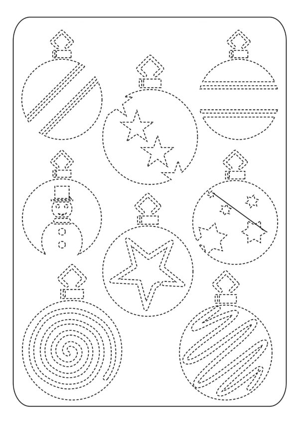 Collega le linee tratteggiate e finisci le palle di Natale da colorare