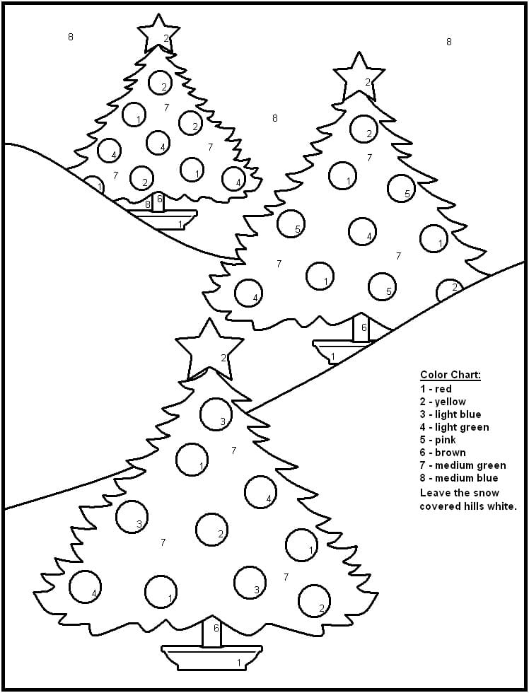 Colora tre Alberi di Natale Per Numero da colorare