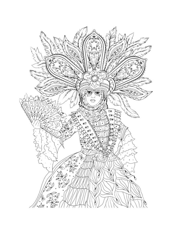 Dea del carnevale con ventaglio da colorare