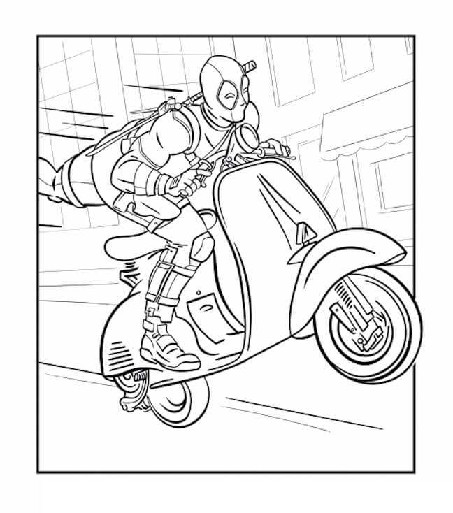 Deadpool Montando en Moto da colorare