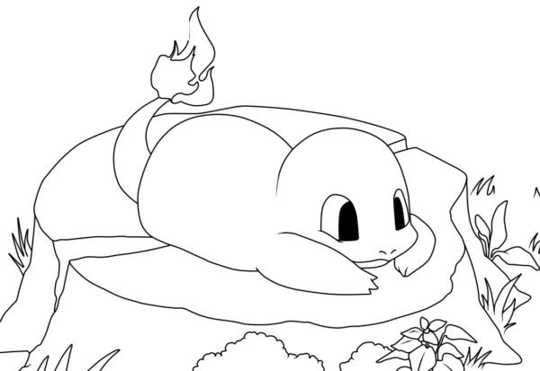 Dettagliata Charmander in appoggio su un ceppo da colorare