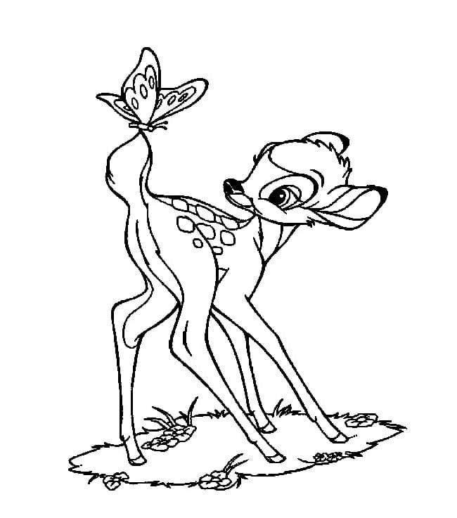 Farfalla si sedette sulla coda di Bambi da colorare