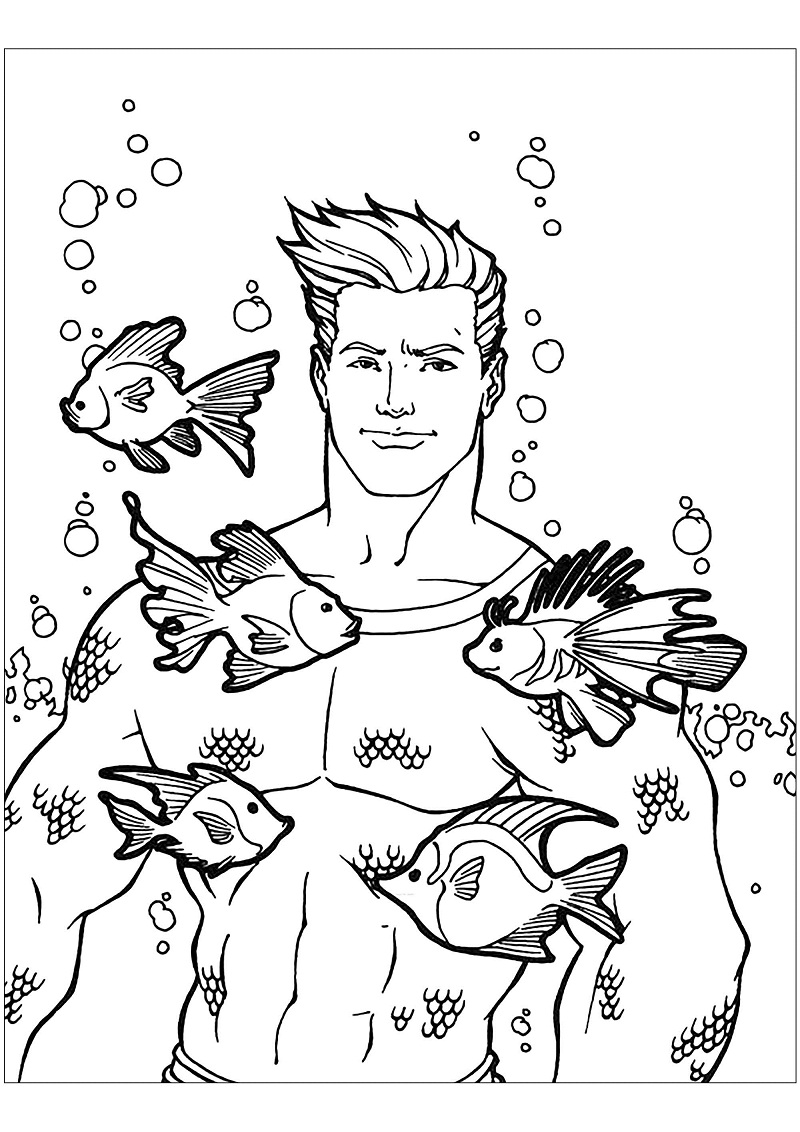 Il bel Aquaman con i pesci da colorare