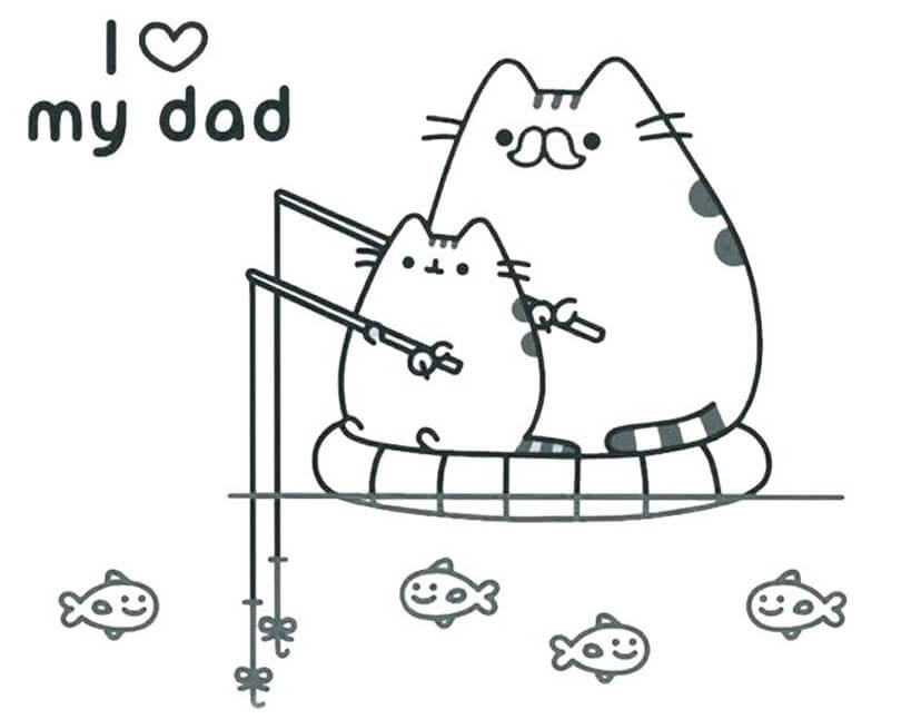 Il piccolo Pusheen a pesca con il papà da colorare