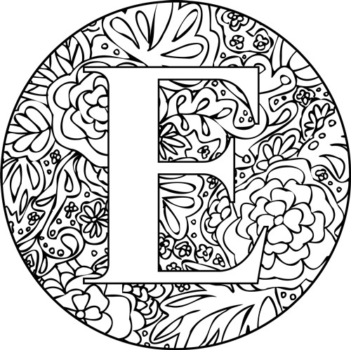 Lettera E in cerchio di fiori da colorare