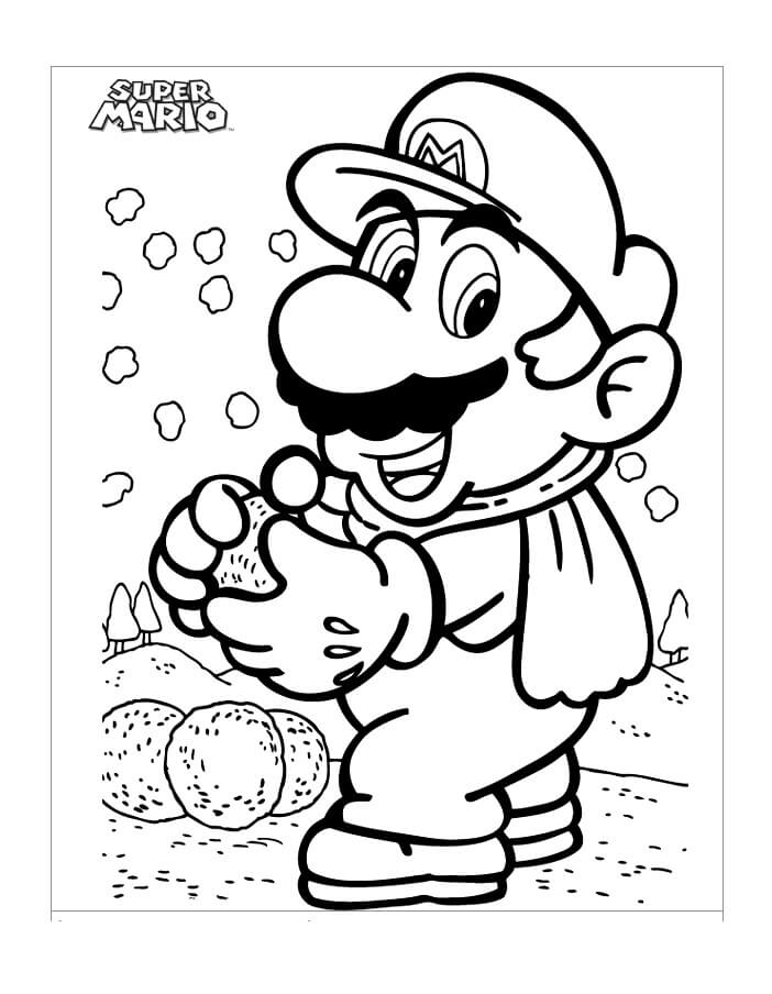 Mario con le Palle di Neve da colorare