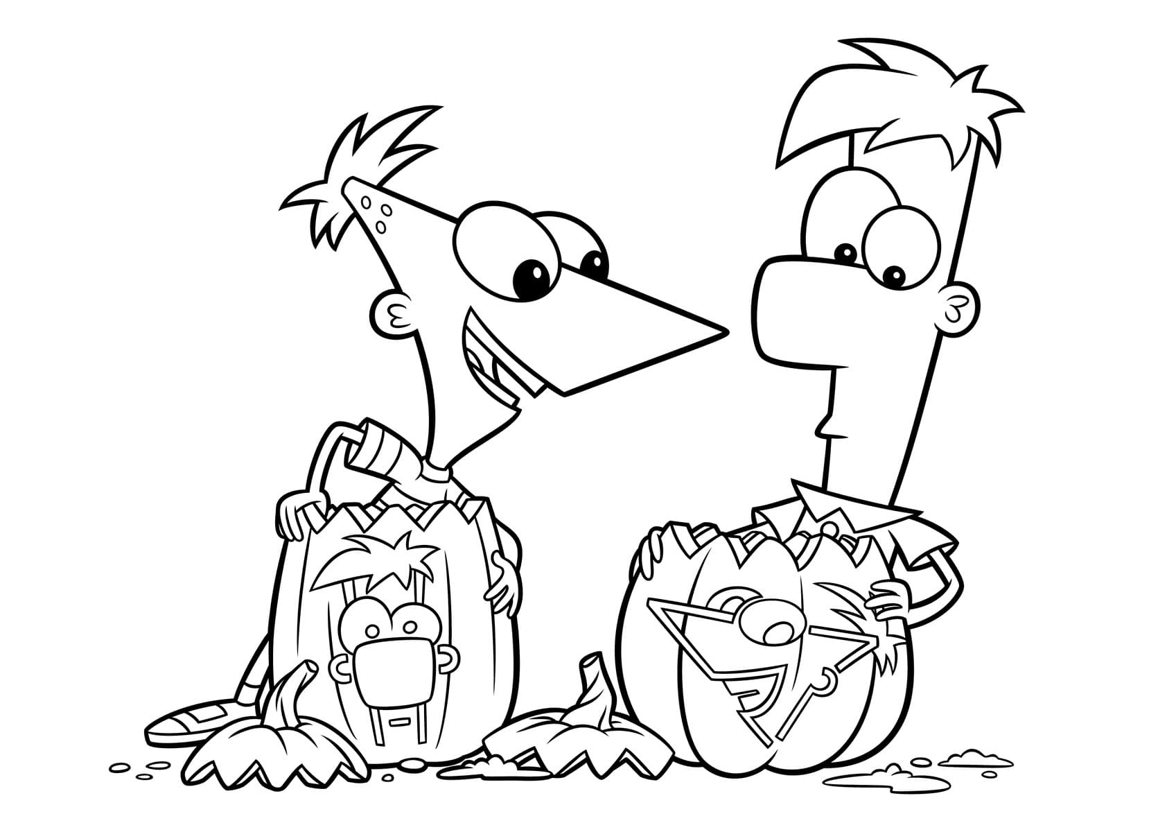 Phineas e Ferb con le zucche ad Halloween da colorare