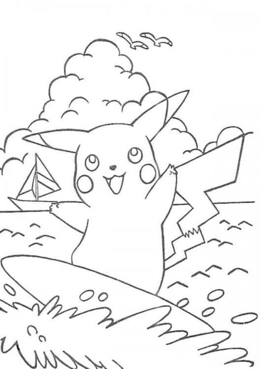 Pikachu sulla Tavola da Surf da colorare