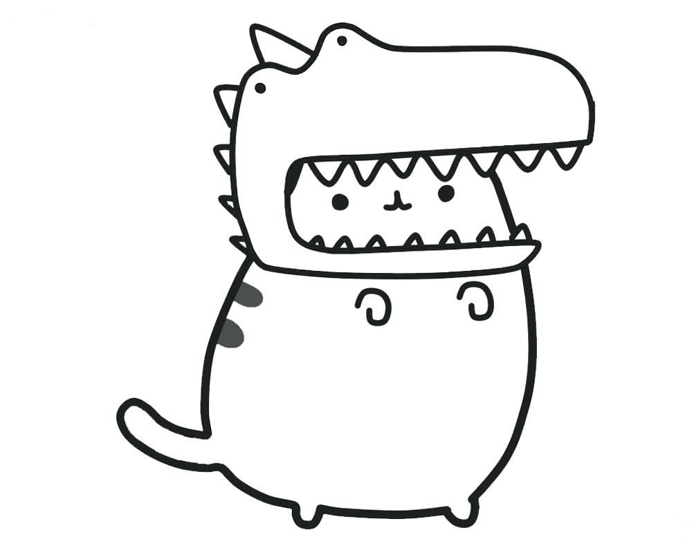 Pusheen con il cappello da dinosauro da colorare