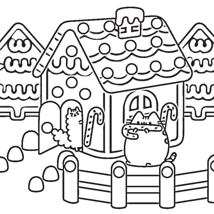 Pusheen e la casa di pan di zenzero da colorare