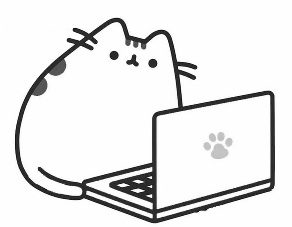 Pusheen lavora con il portatile da colorare