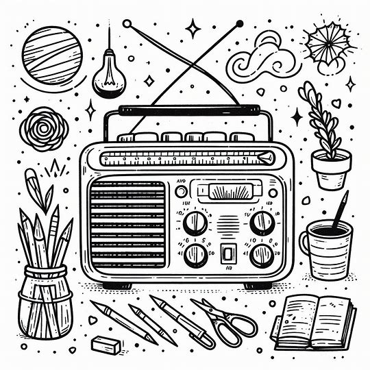 radio e materiale scolastico da colorare