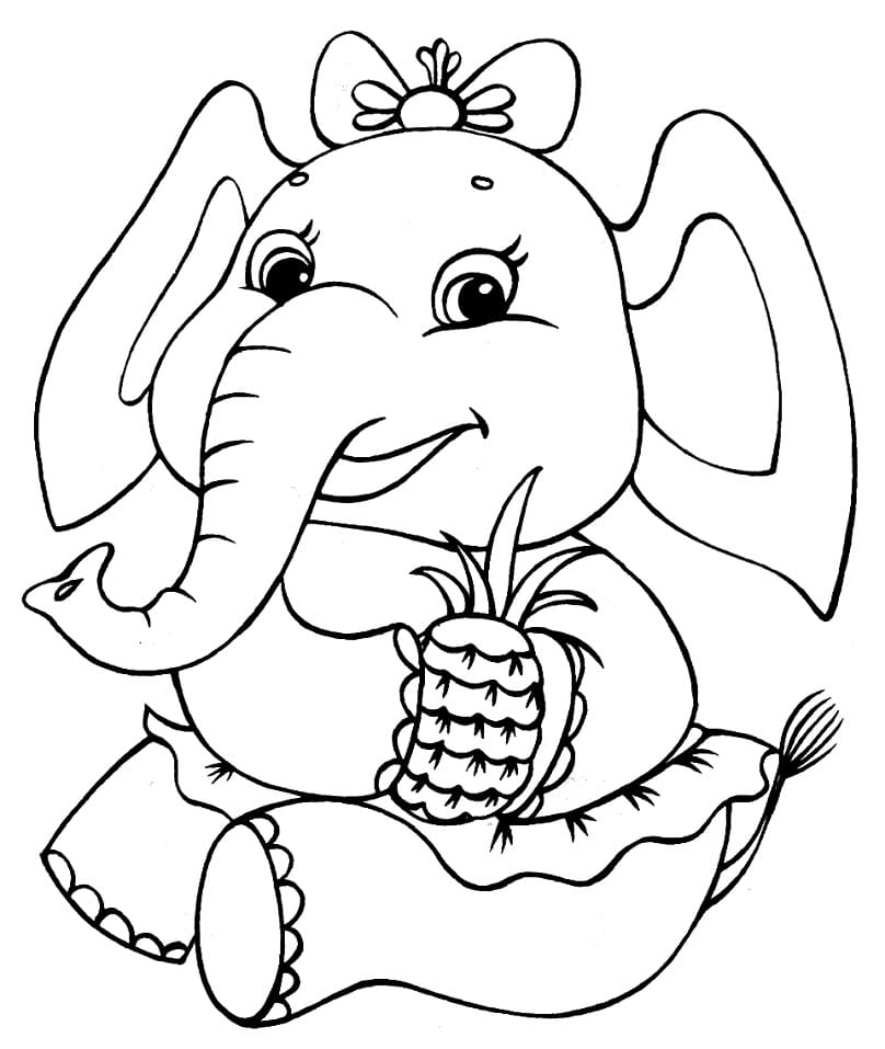 Simpatico Elefante con Ananas da colorare