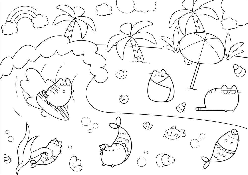 Spiaggia di Pusheen da colorare
