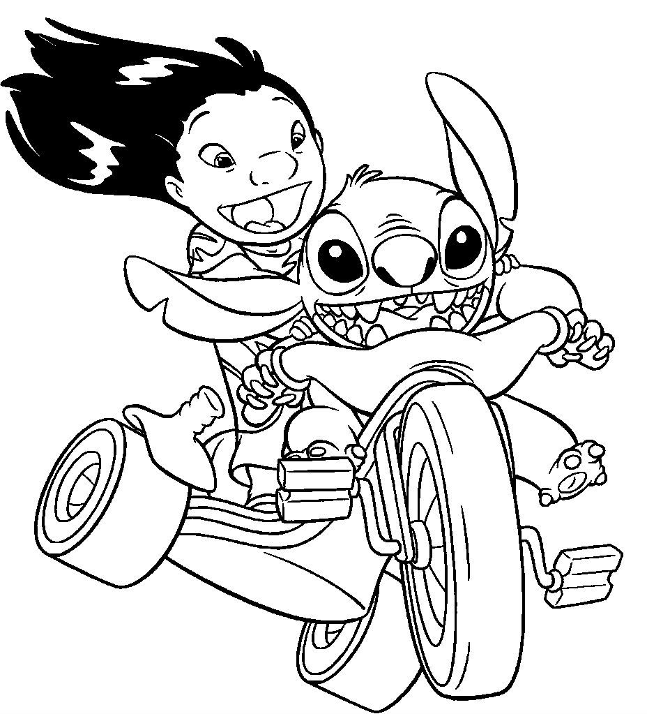 Stitch va in bicicletta con Lilo da colorare